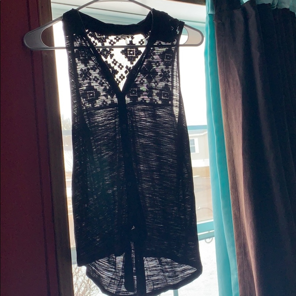 Button down/tie tank top with flower printed sheer